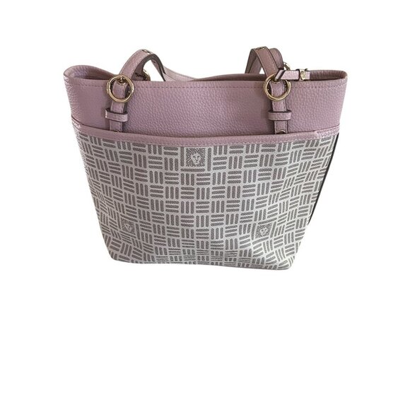Anne Klein Pink & Grey Tote Bag - Gold Hardware - Geometric Print Purse Satchel - Picture 3 of 9